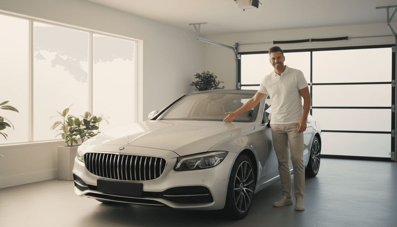 Person beside a luxury sedan in a well-lit garage