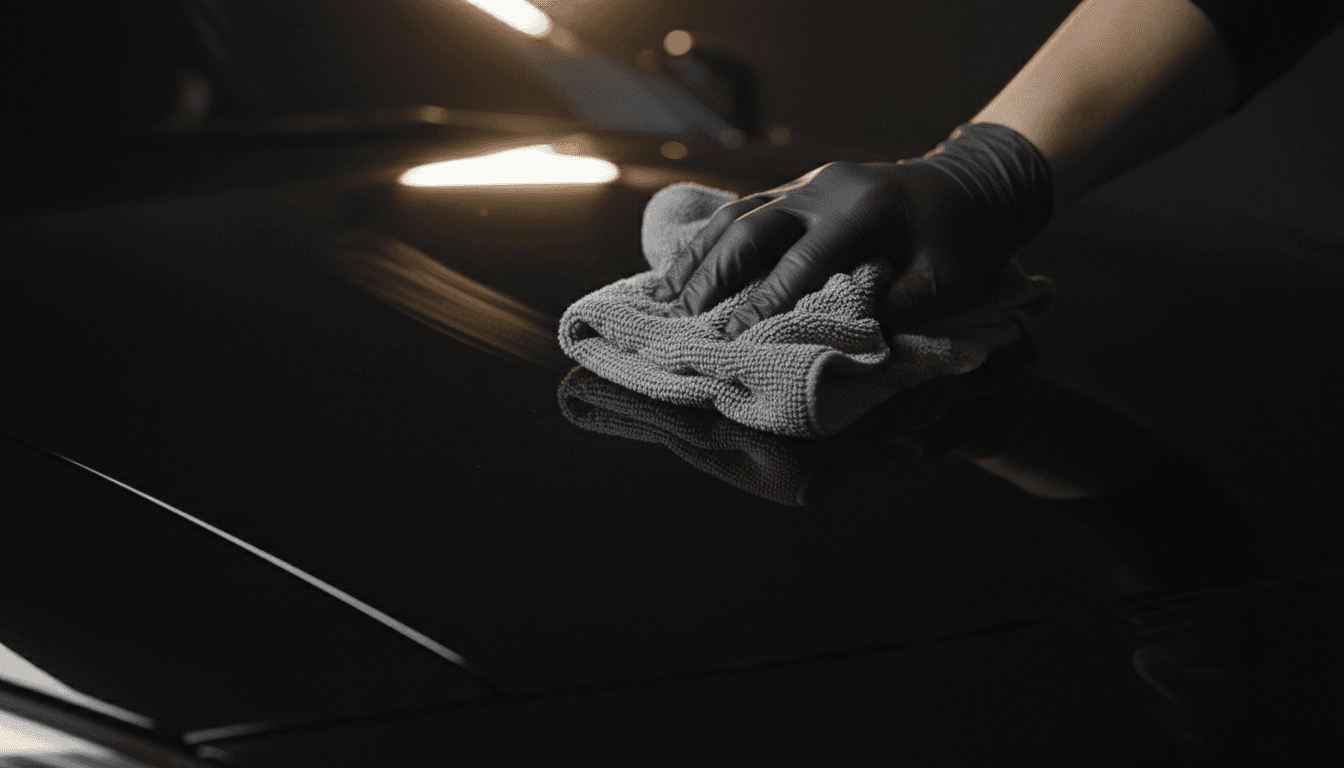 Hand polishing a glossy black car hood with a microfiber cloth