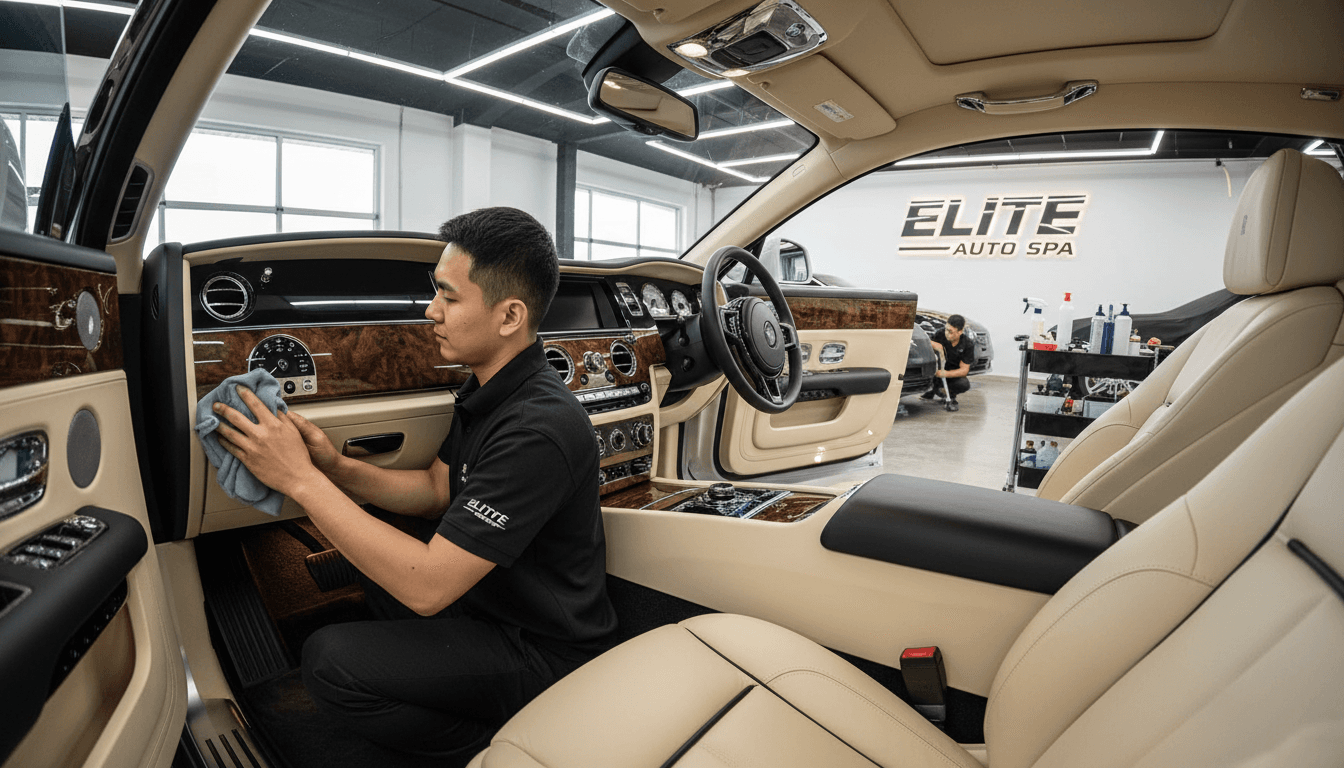 Hand-finishing a leather steering wheel in a clean, well-lit automotive studio