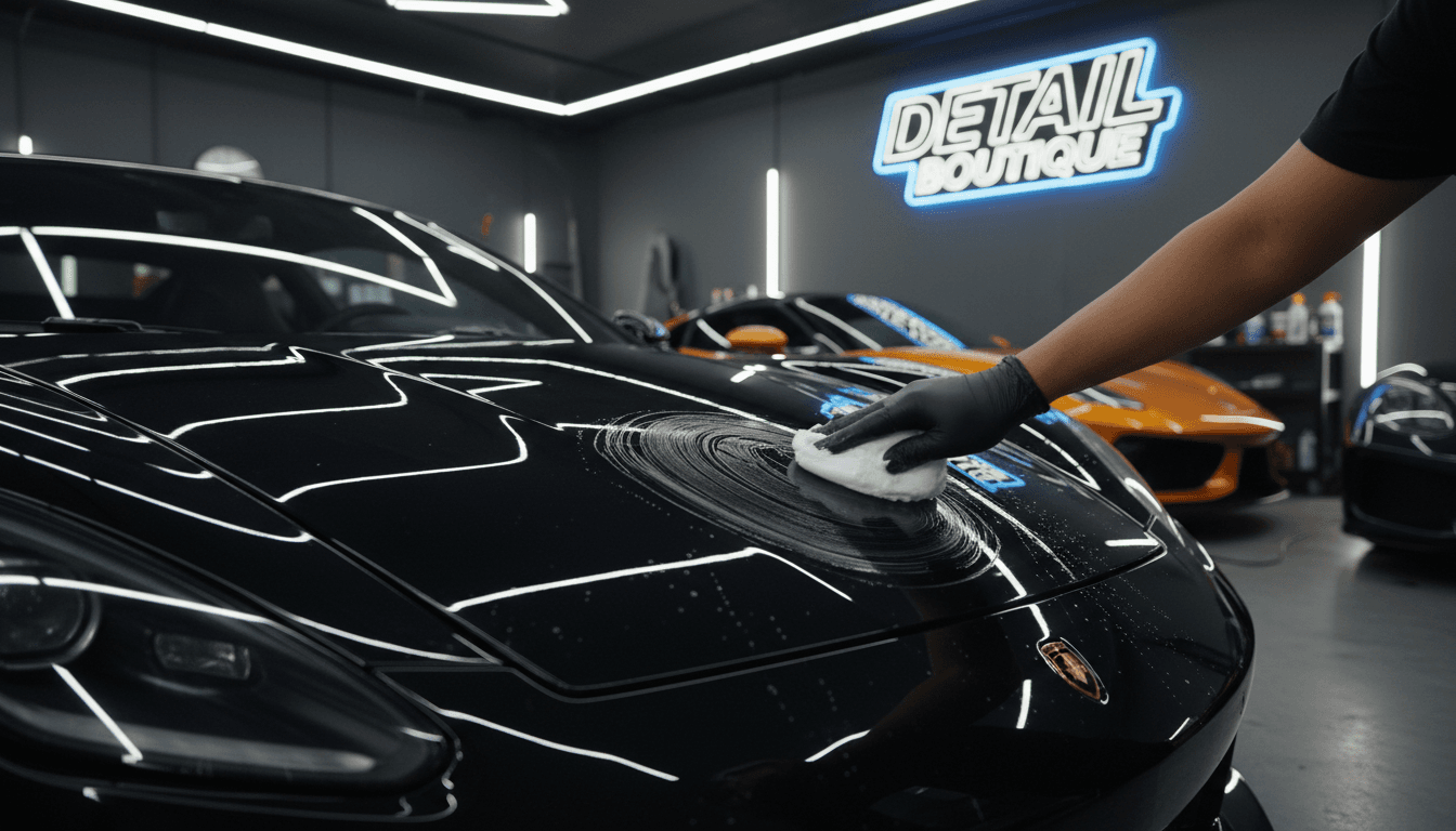 Hand applying wax to a luxury car surface with reflection