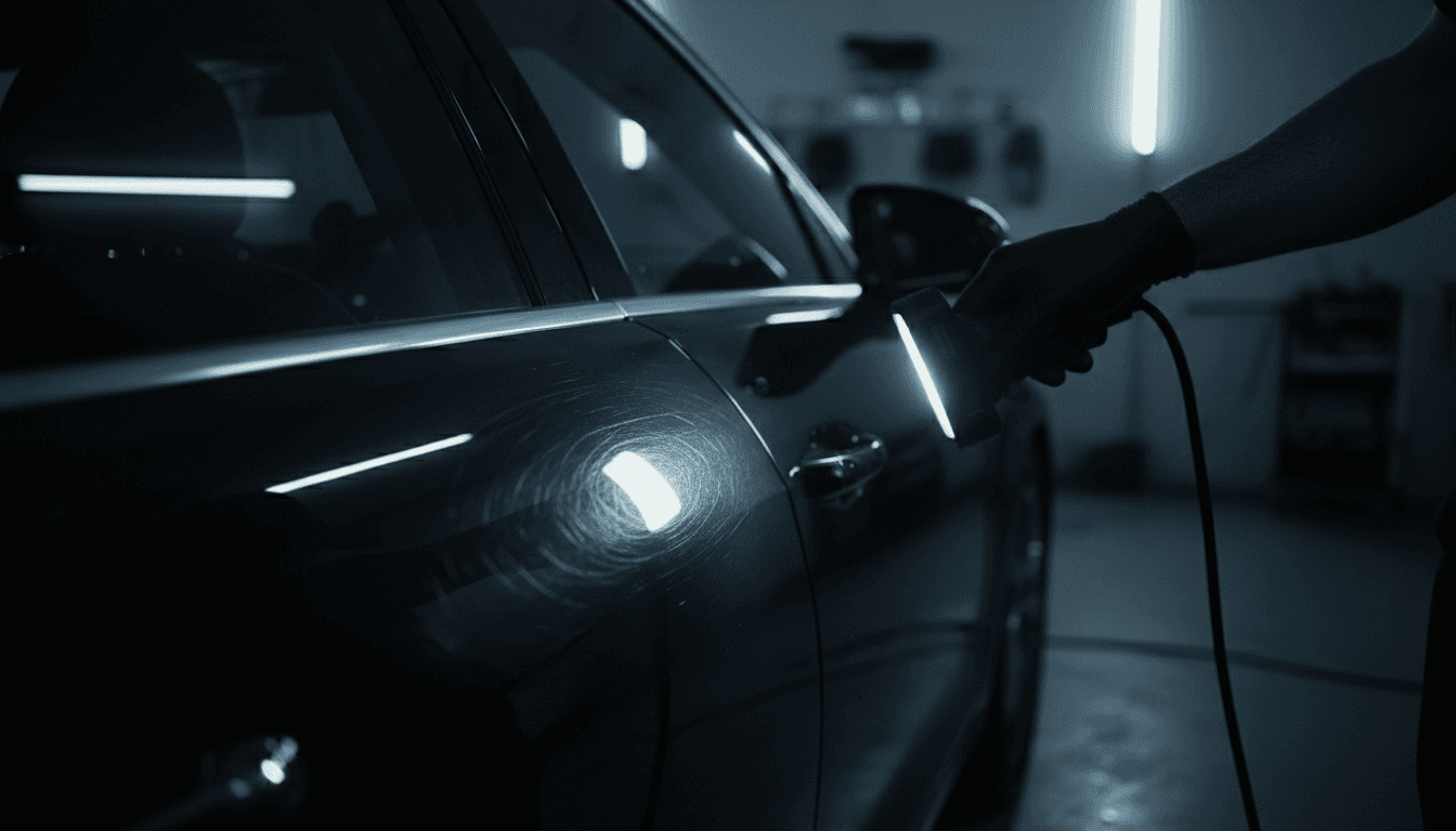 Paint correction light revealing swirl marks on a dark car panel