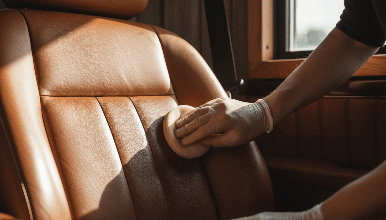 Leather car seat being conditioned with a soft applicator