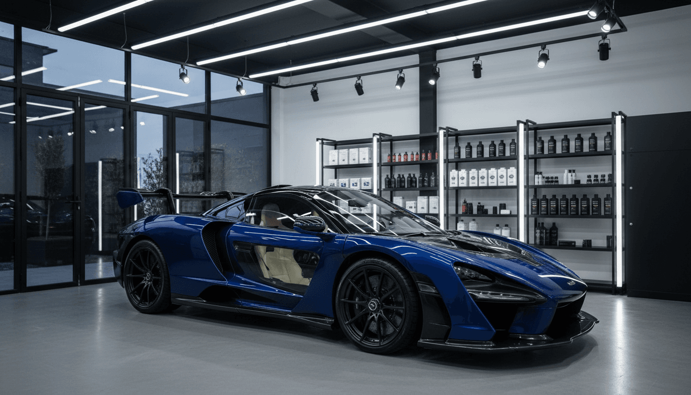 Elegant automotive studio with a luxury vehicle on display under warm, refined lighting