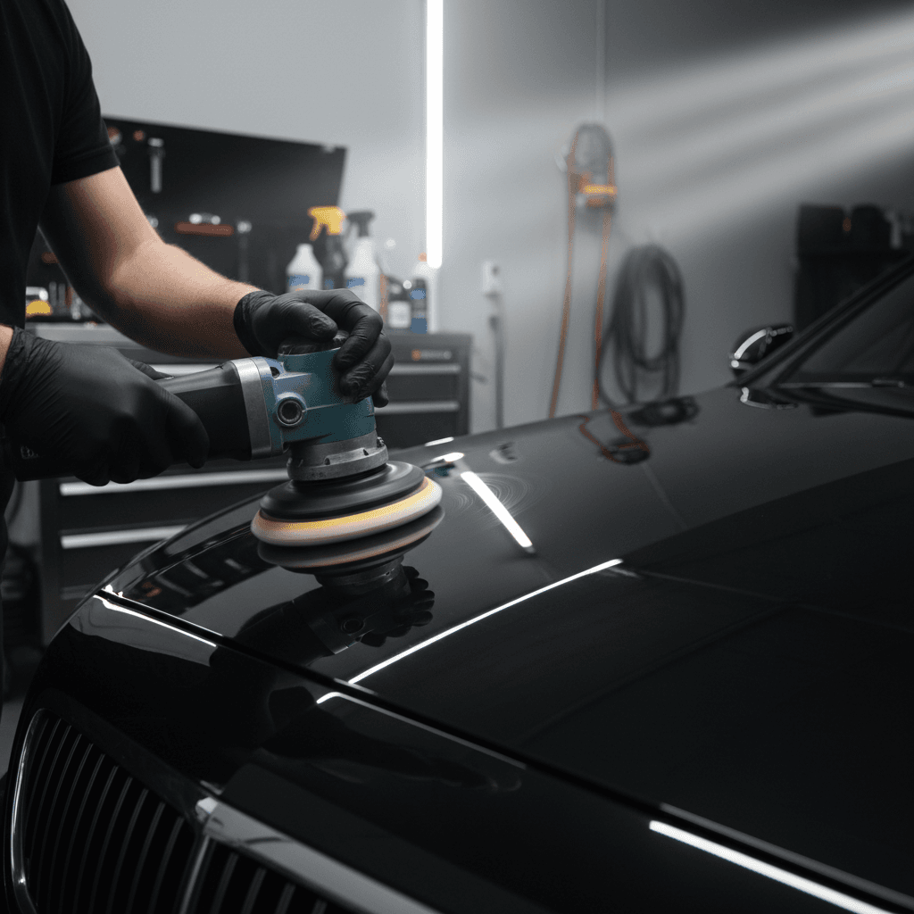 Detail shot of a craftsman polishing a vehicle panel by hand