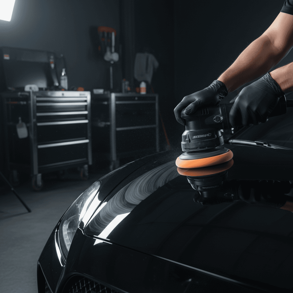 Close up of hand polishing a glossy car paint surface in a dimly lit workshop