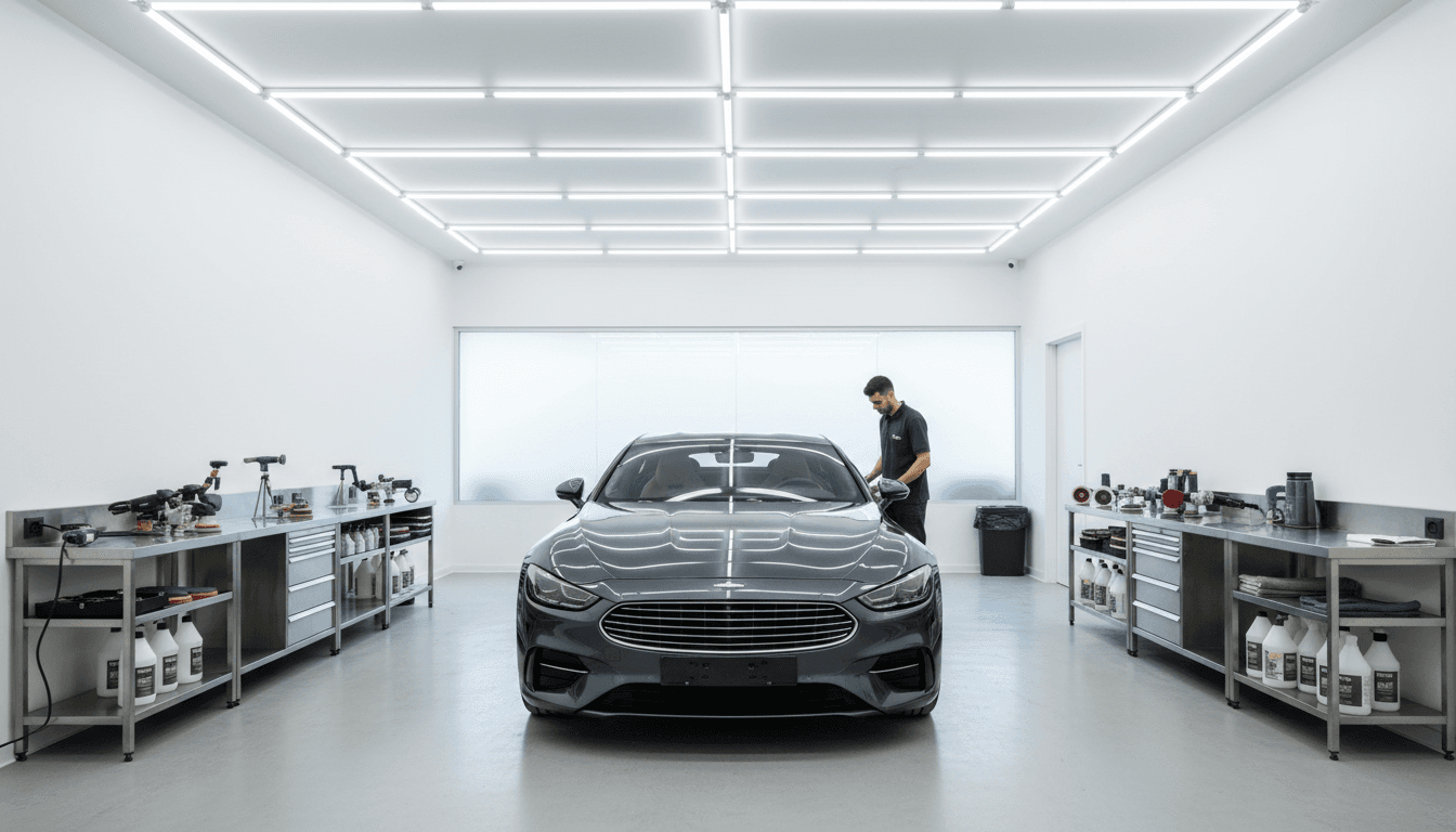 Bright workshop interior with luxury car and meticulous lighting