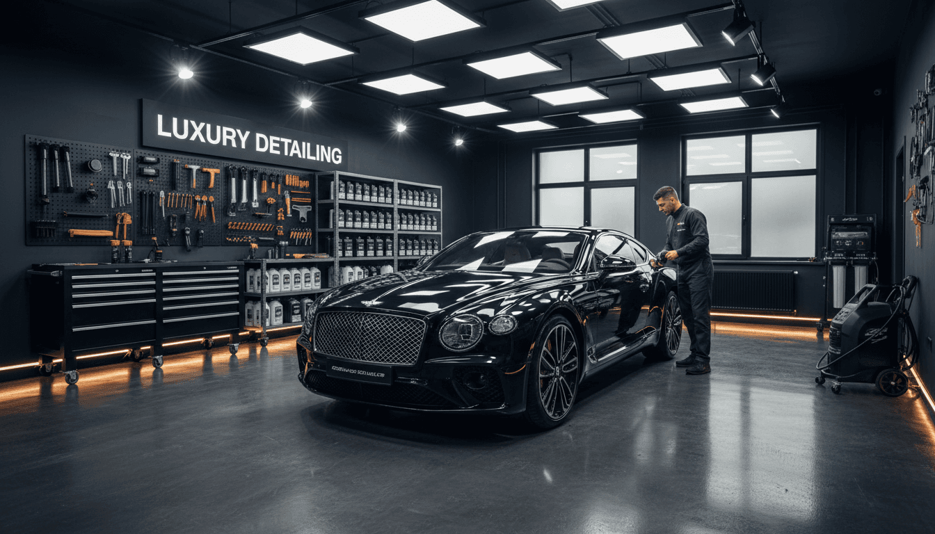 Interior of a high end automobile detailing studio with tools neatly arranged on a wooden workbench