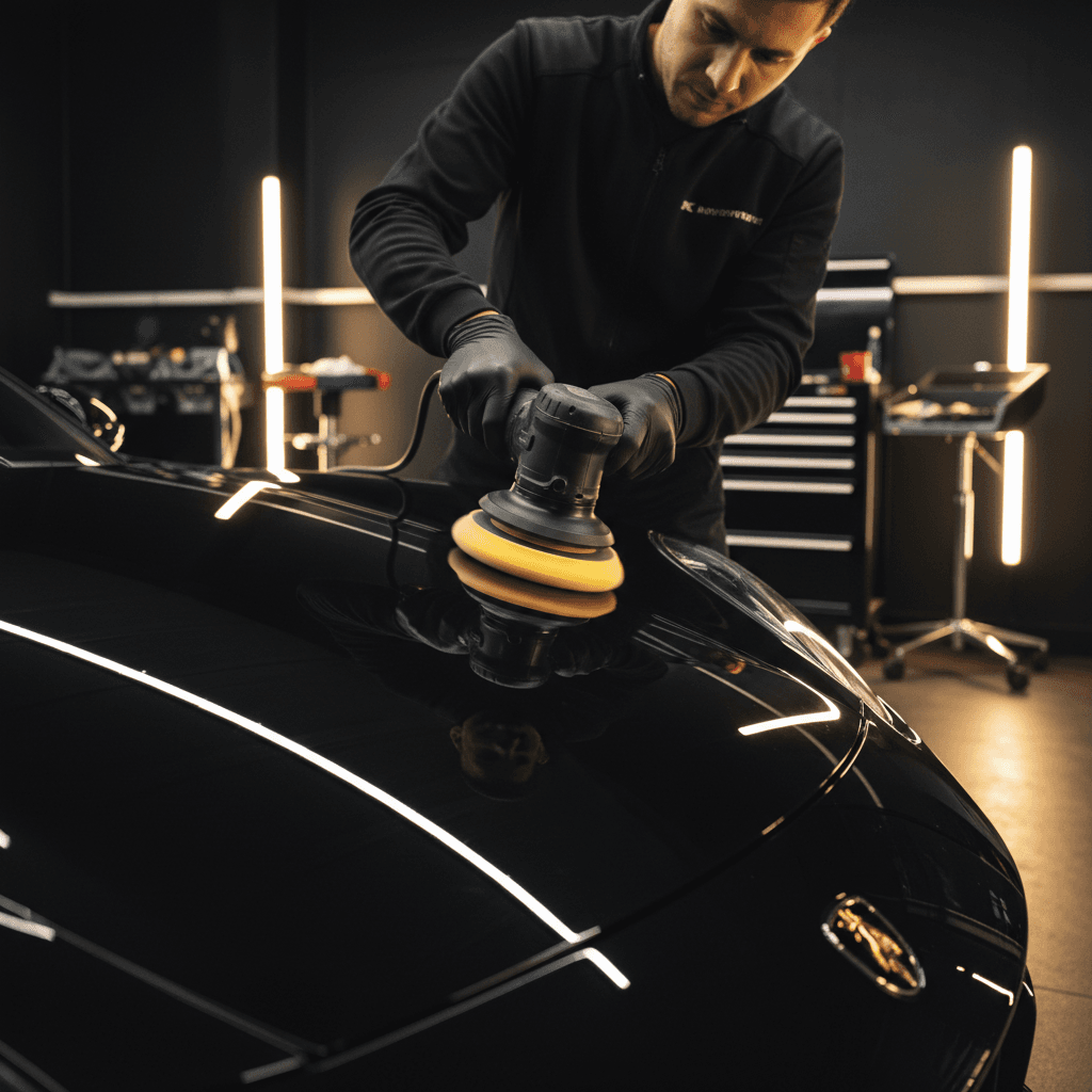 Close up of professional hand polishing a luxury car hood in a clean modern garage with warm lighting