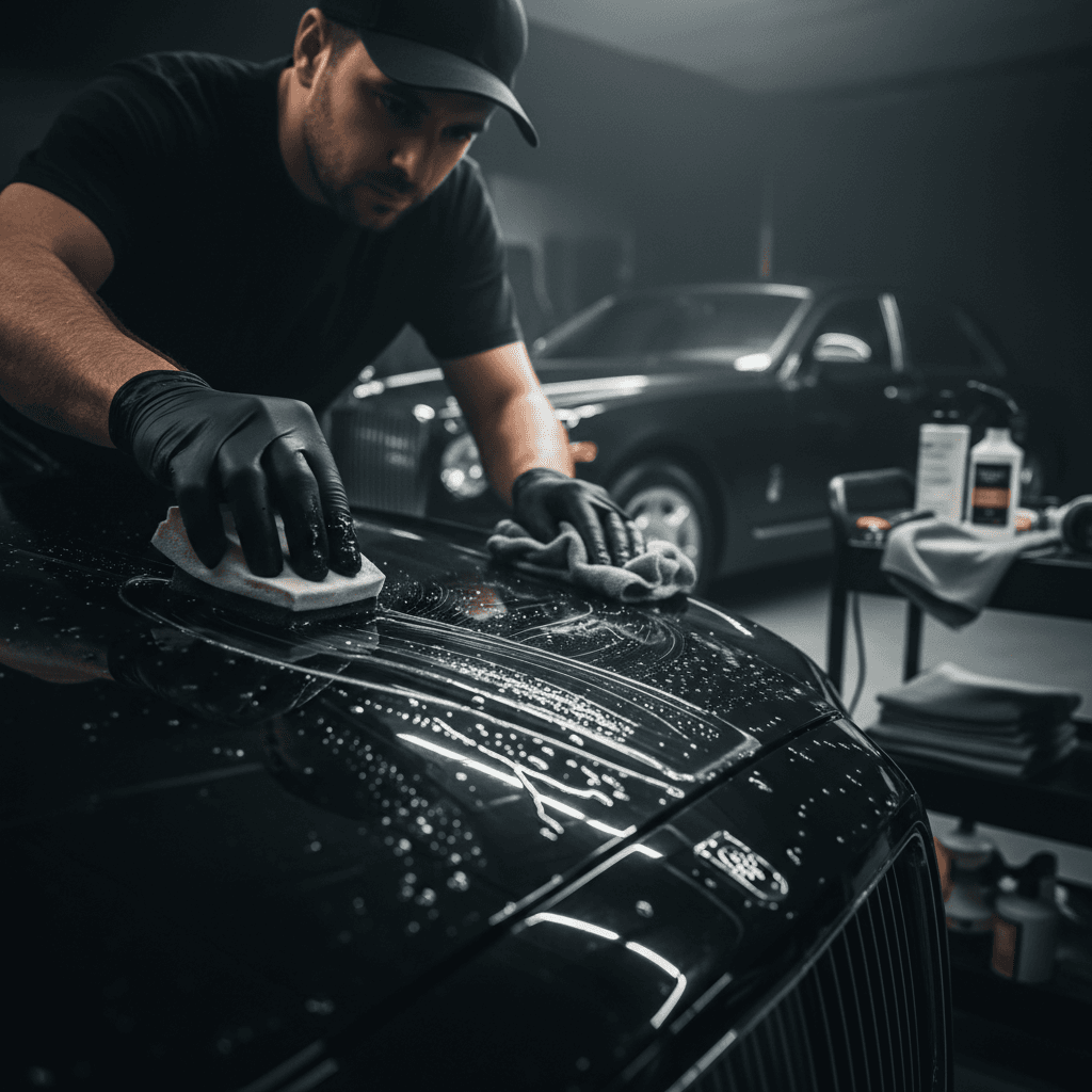 Professional hand-polishing a luxury vehicle in a clean atelier