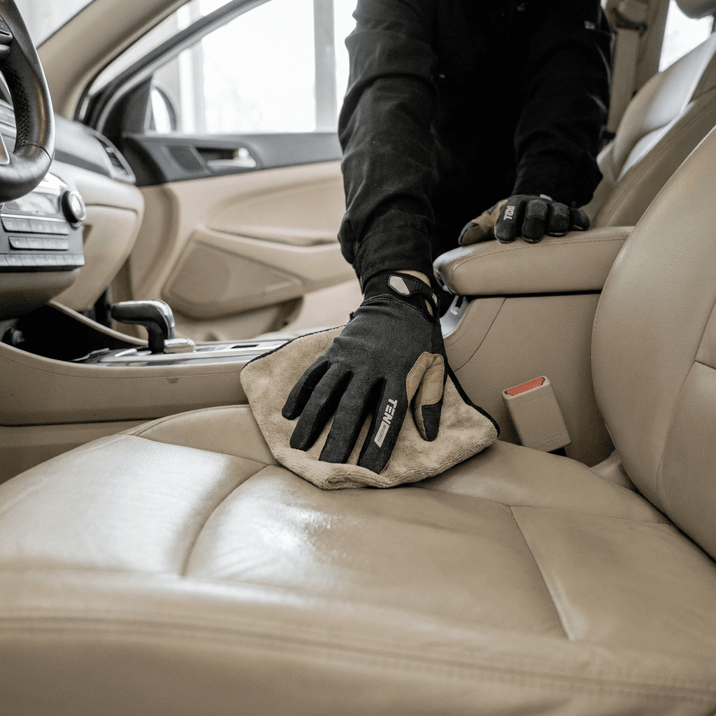 Cleaning leather car interior with a soft brush