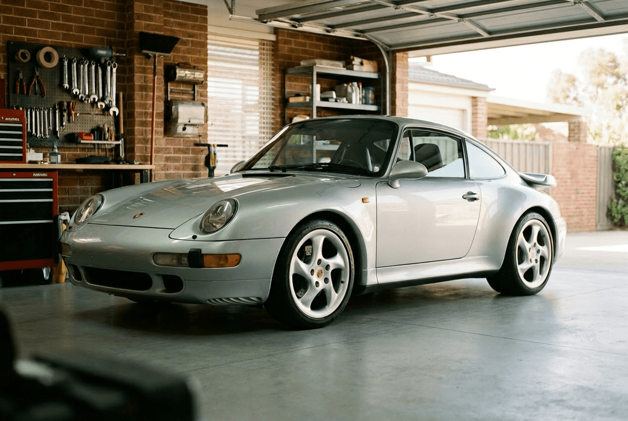Hand wiping a luxury car in a bright garage